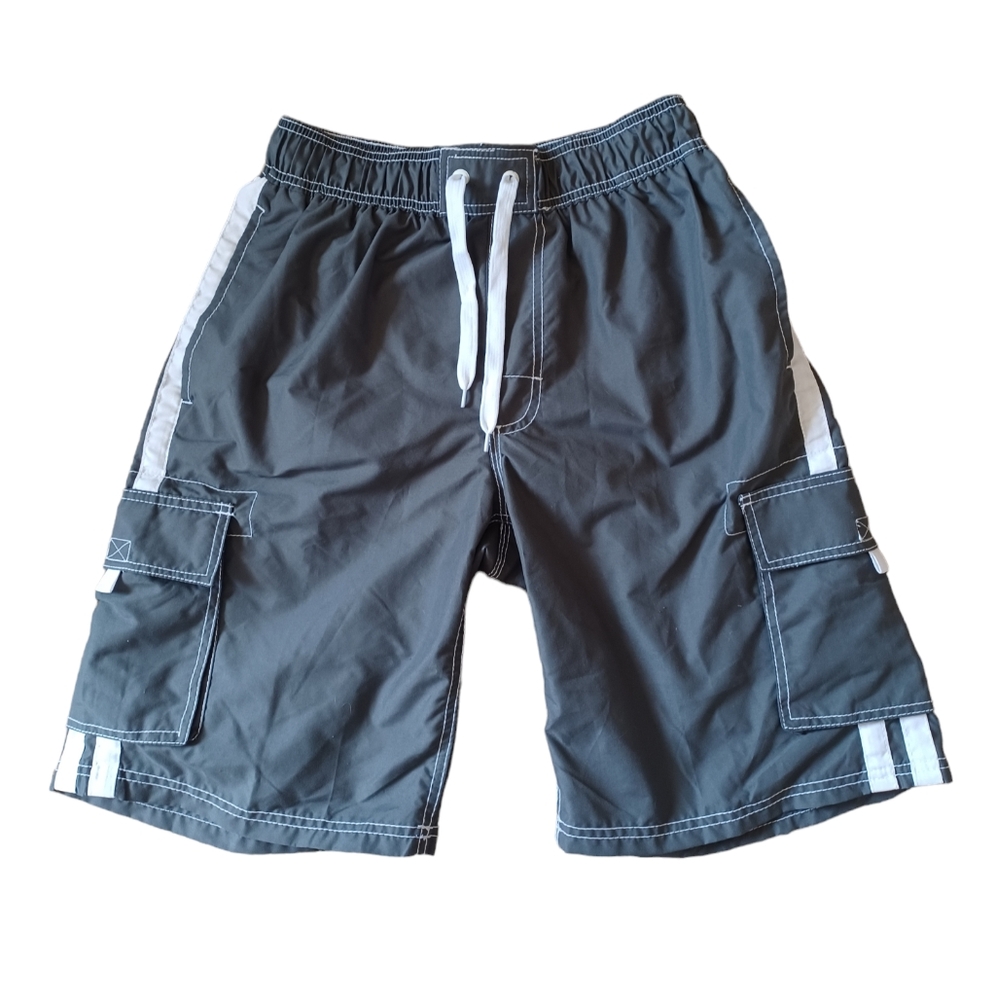 Okanu Surf Mens Small Swim Trunks gray with white stripes, Beach, Vacation, Pool